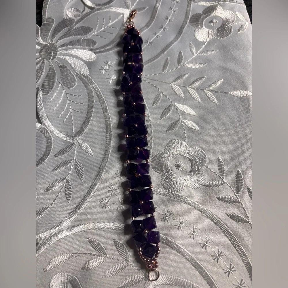 Handmade Amethyst Gemstone Bracelet rose gold tone lobster claw clasp 7.5 inches - Picture 9 of 9